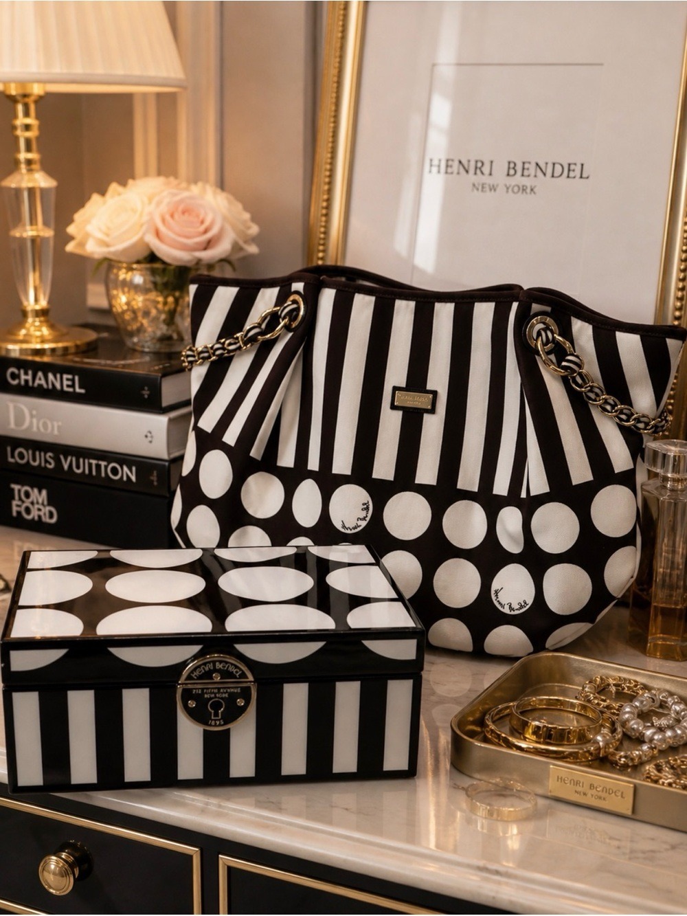 HENRI BENDEL BROWN AND WHITE STRIPES AND SPOTS “HOT FOR DOTS” LAQUER JEWELY BOX